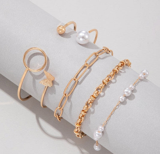 Butterfly/Oval/Pearl 5 Pieces Bracelet Set